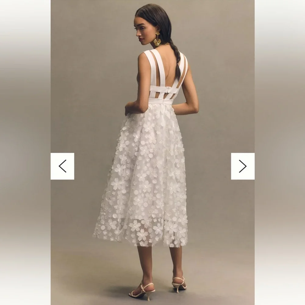 Anthropologie BHLDN Stevie V-Neck Floral Appliqué A-Line Midi Dress in Ivory - Picture 2 of 7